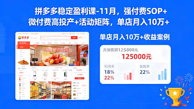 拼多多稳定盈利课-11月,强付费SOP+微付费高投产+活动矩阵,单店月入10w+-百盟网