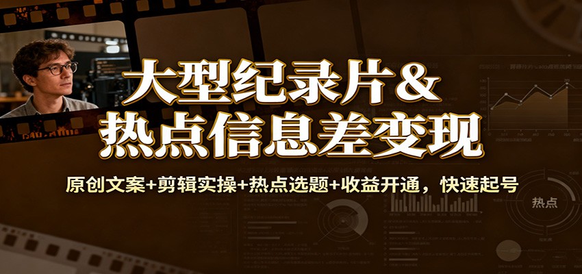 大型纪录片&热点信息差变现：原创文案+剪辑实操+热点选题+收益开通，快速起号-百盟网